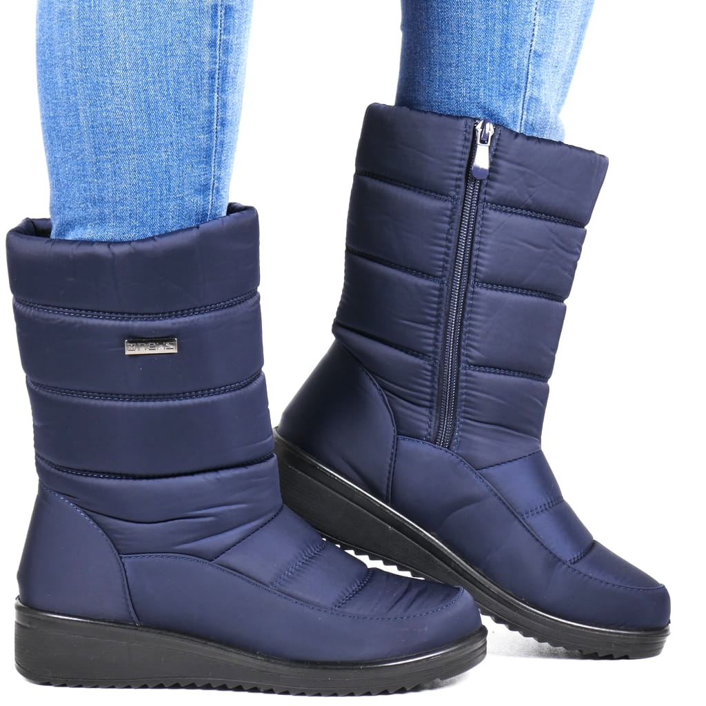 Tmavě Modré Kotníkové Boty Sněhule Na Koturence, Vysoké, Se Zapínáním Na Zip