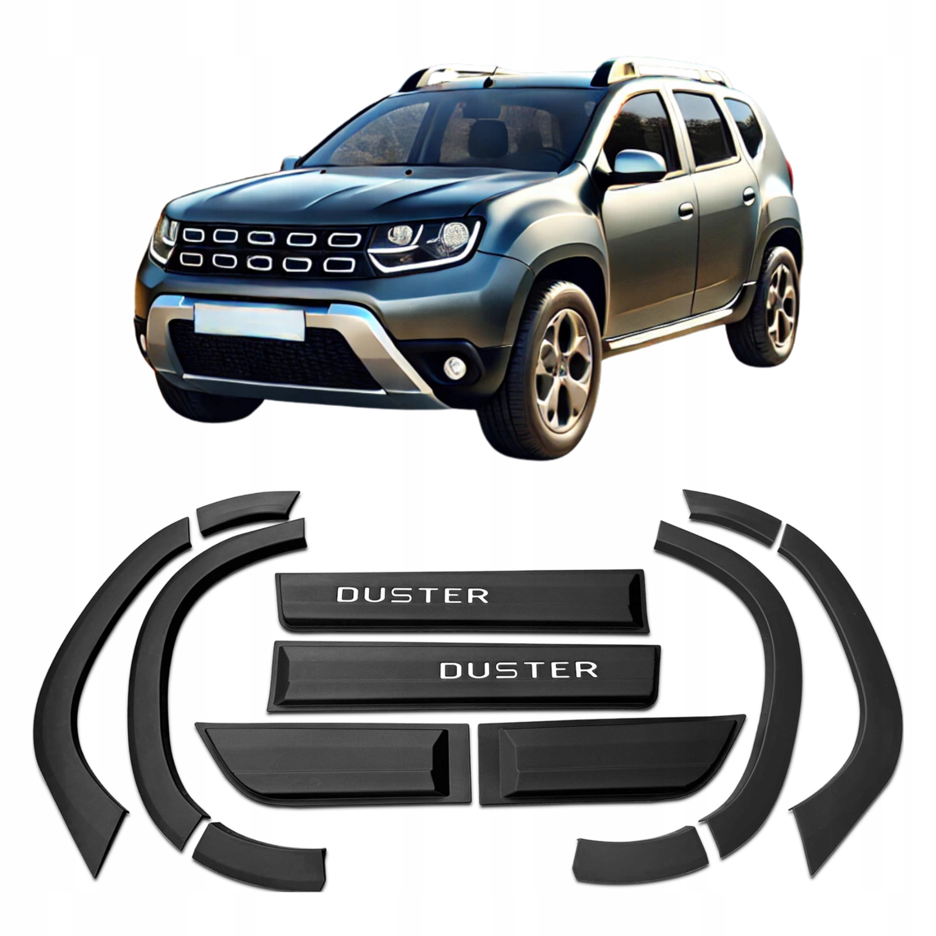 Flary a lišty Ochranné kryty na dvere Dacia Duster 18-24 Strieborné písmená