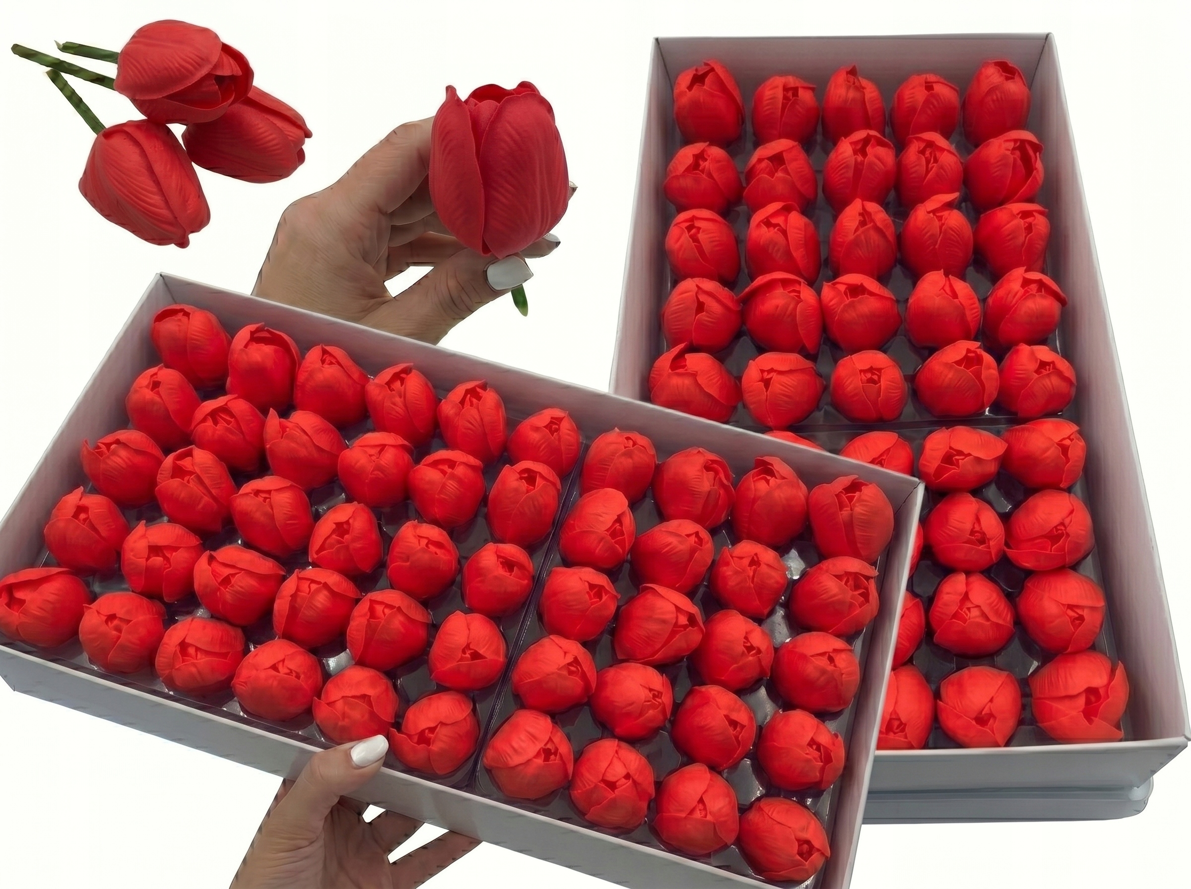 Tulipány Mýdlové Červené Flowerbox Set 50 Ks Dekorace Dárek Diy XL