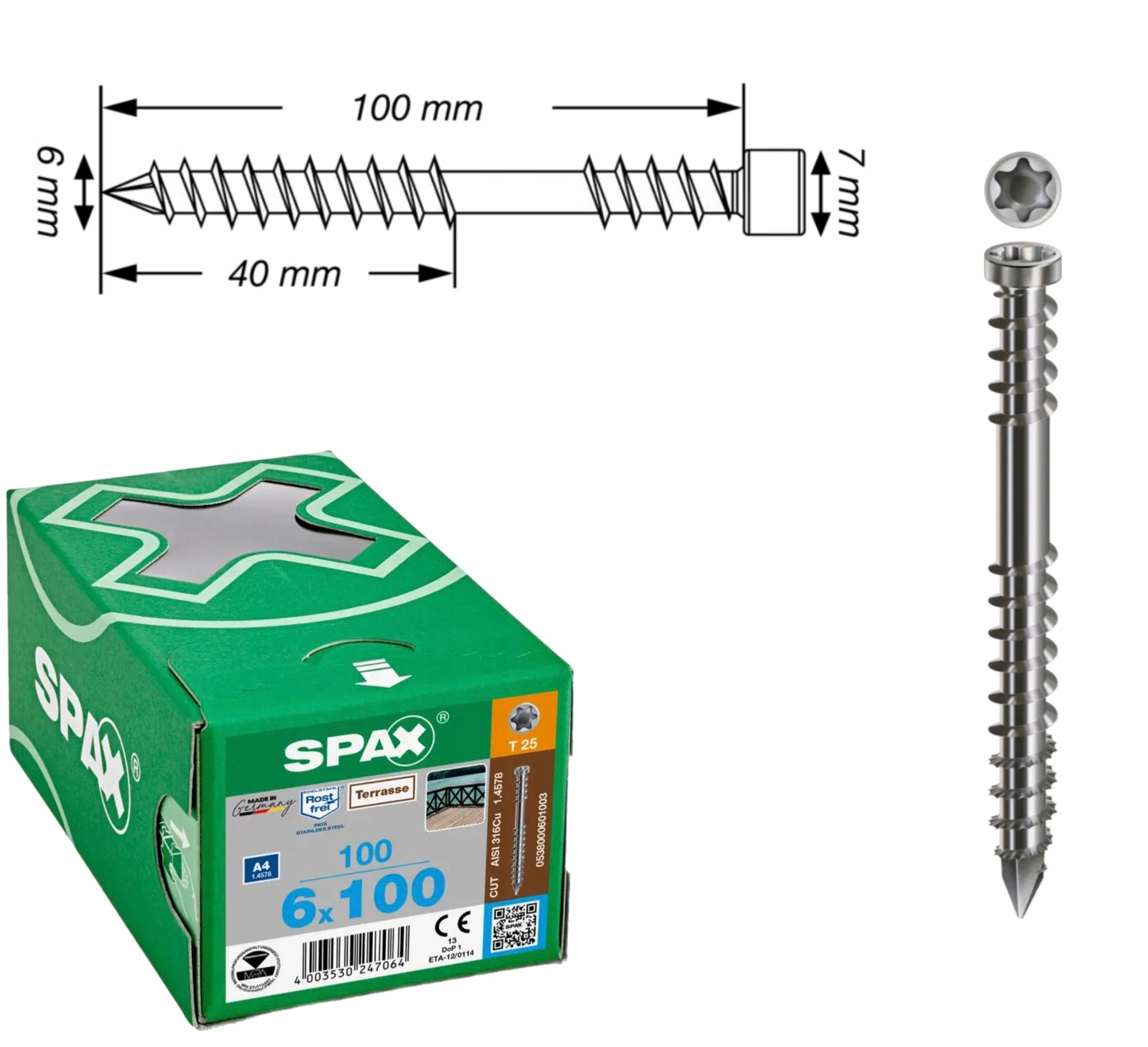 Skrutky do terasovej dosky z ušľachtilej ocele A4 Spax 6 x 100 mm 100 ks