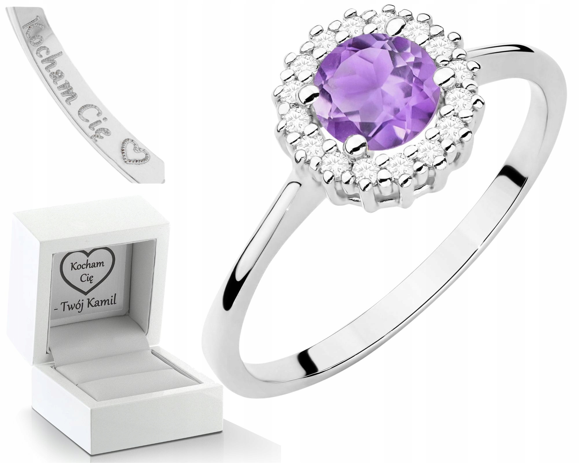 Ametystový Prstýnek S Diamanty, Bílé Zlato, Gravírování, Gravírování Bonus Dárek