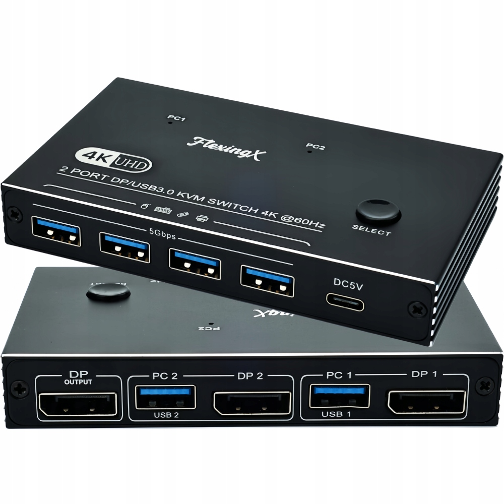 Dp Kvm přepínač 2x1, 4K60Hz, 2 Pc sdílí 1 monitor, 4xUSB 3.0 Hub