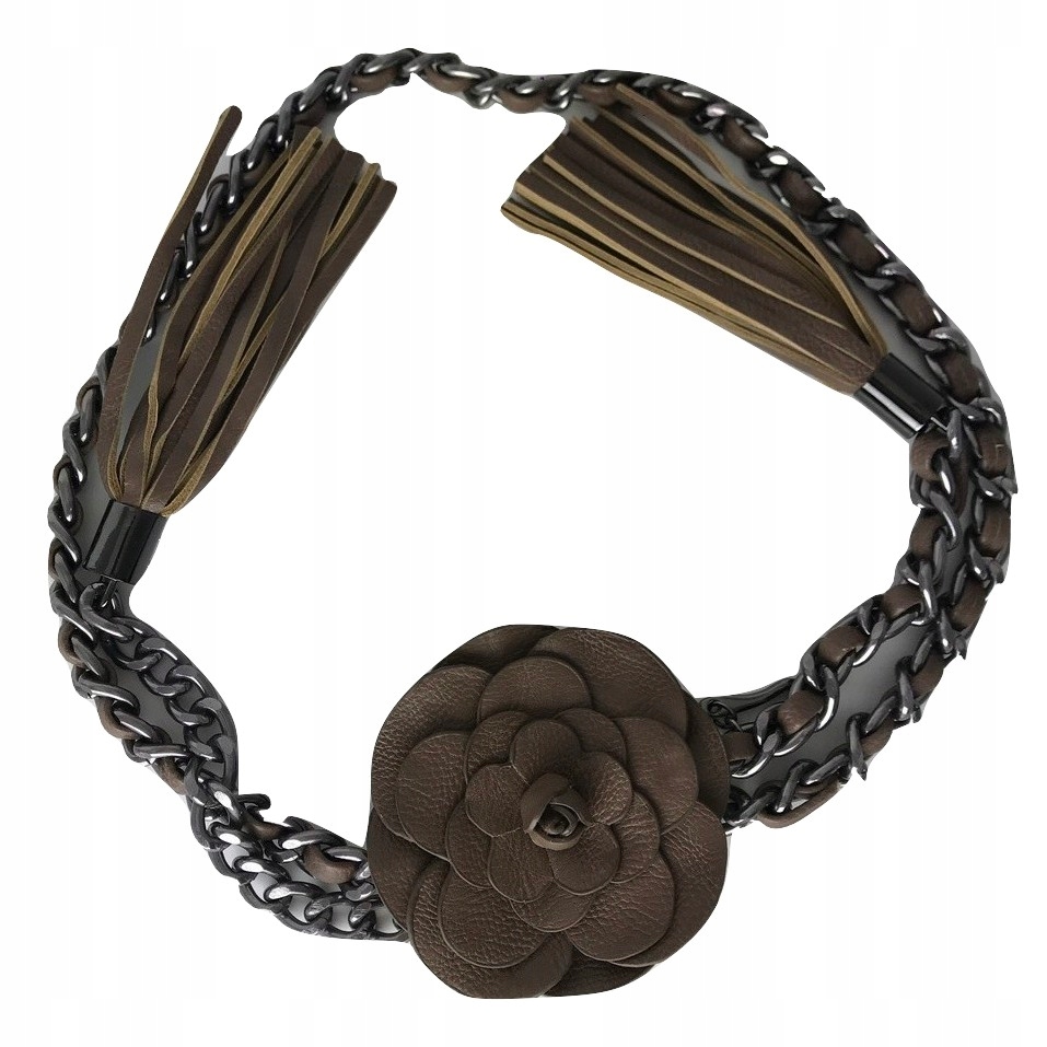 

Pasek Damski na łańcuszku brązowy kwiat frędzle