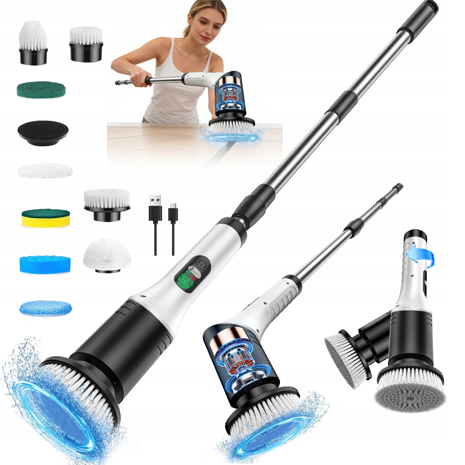 Levně Regulovatelný Rotační Mop Elektrický Kartáč Sada 9 Pro Koupelnu/dlaždice