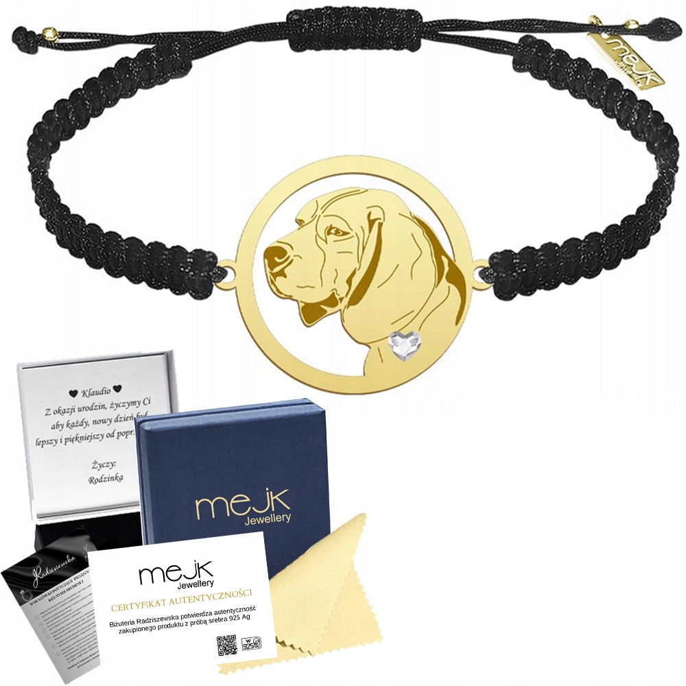 Zlatý náramek se psem plemene Beagle 925 Dárek Žena Makramé Gravírování