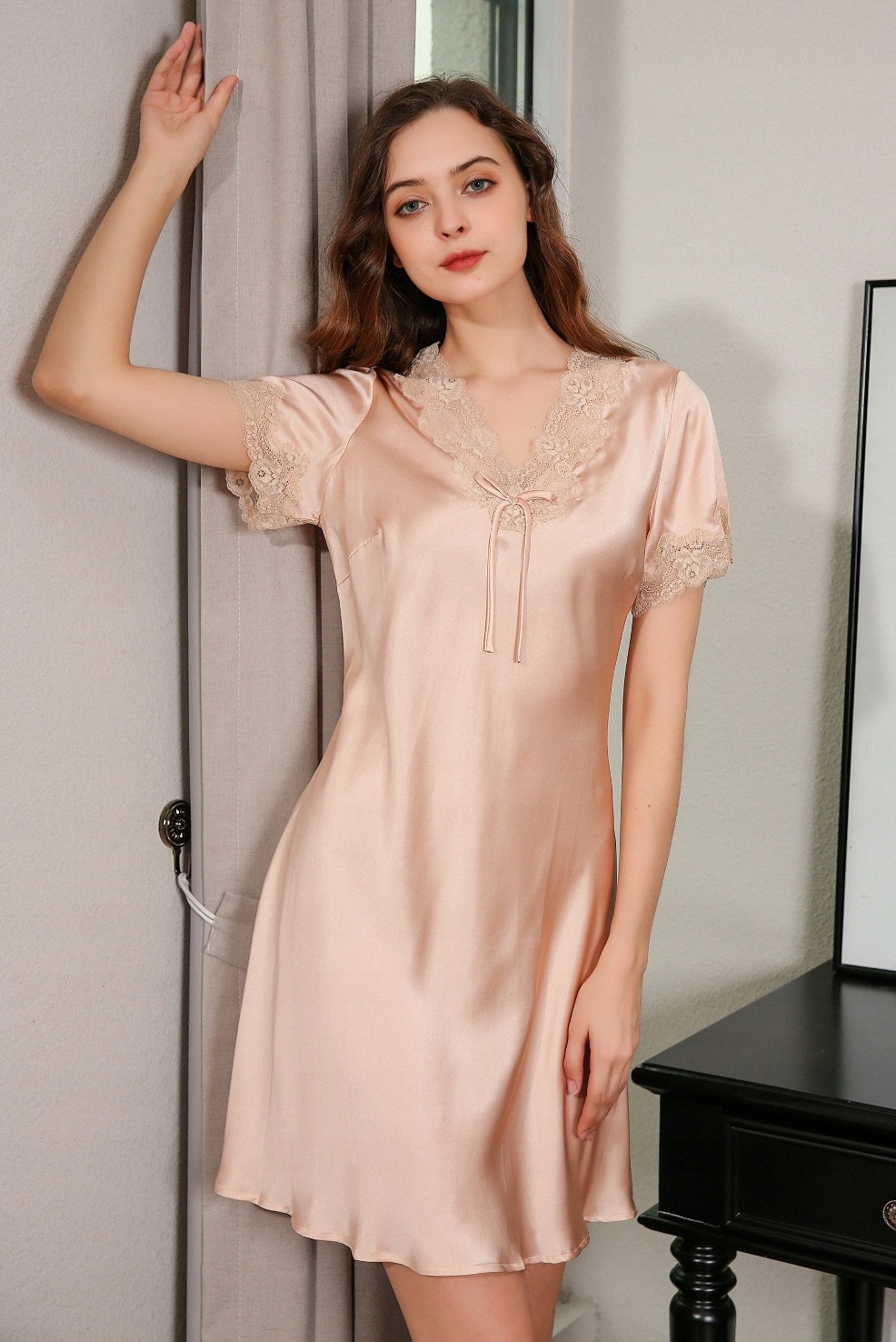 Jedwabna Koszula Nocna KORONKA Halka Piżama NPP L Marka bez marki