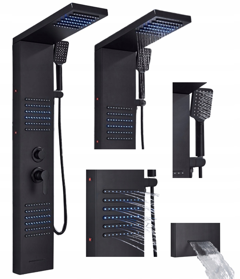 Led sprchový panel Do Sprchy hydromasážny čierny mat