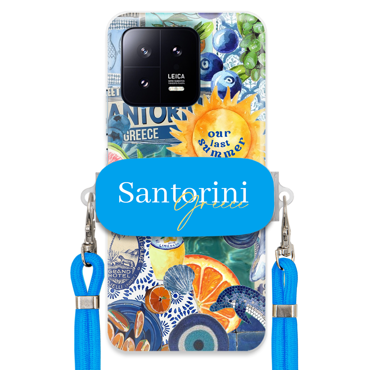 Puzdro pre Xiaomi 13 Pro Modré Crossbody vodítko držiak Santorini Greece