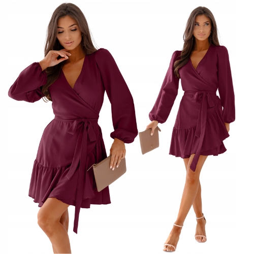 Przekładana Sukienka Mini Falbana Bordowa