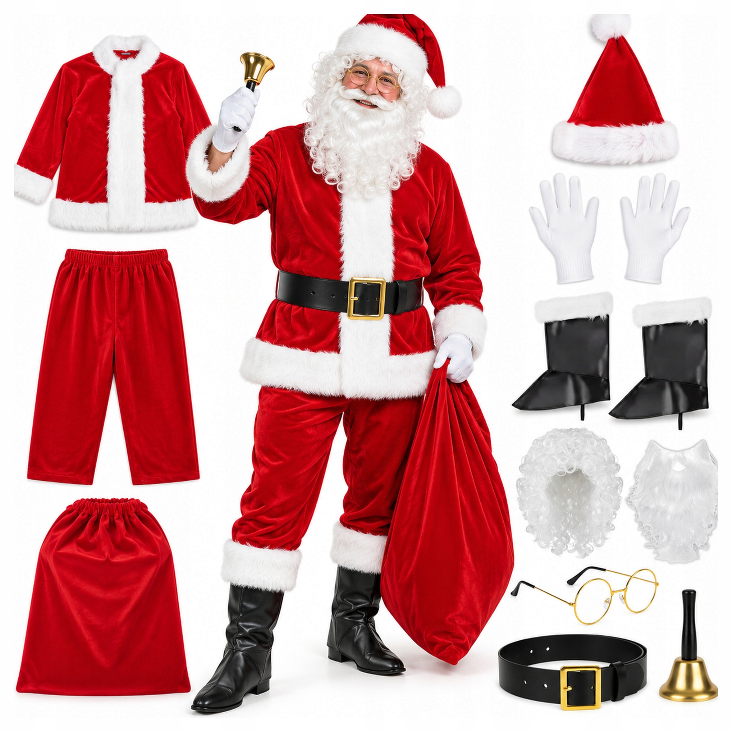 Kostým Santa Claus Kostým 13 Dílů Vousy Paruka Sáček Zvonek XL