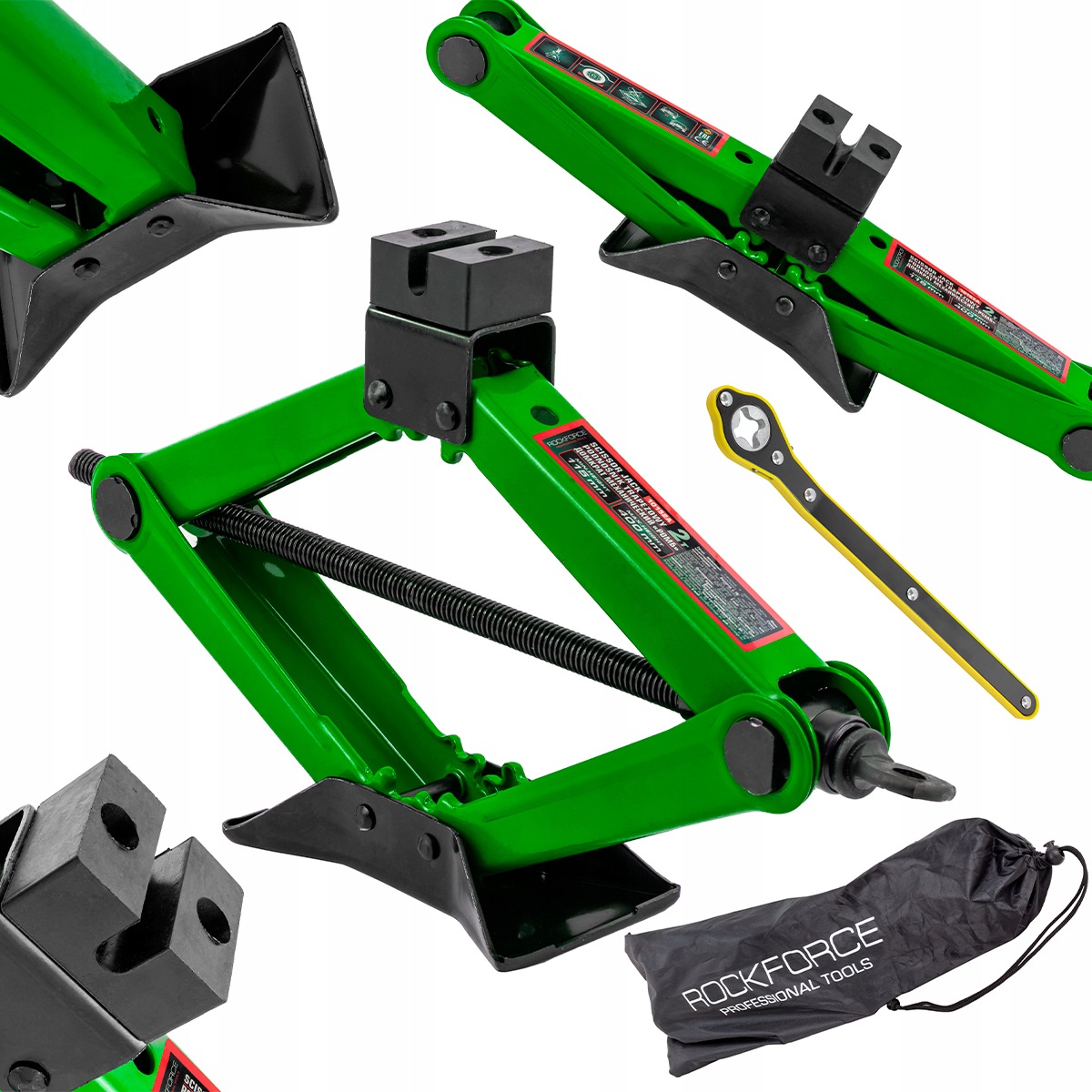 Podnośnik samochodowy trapezowy 2T 115-400mm z kluczem grzechotką Rockforce