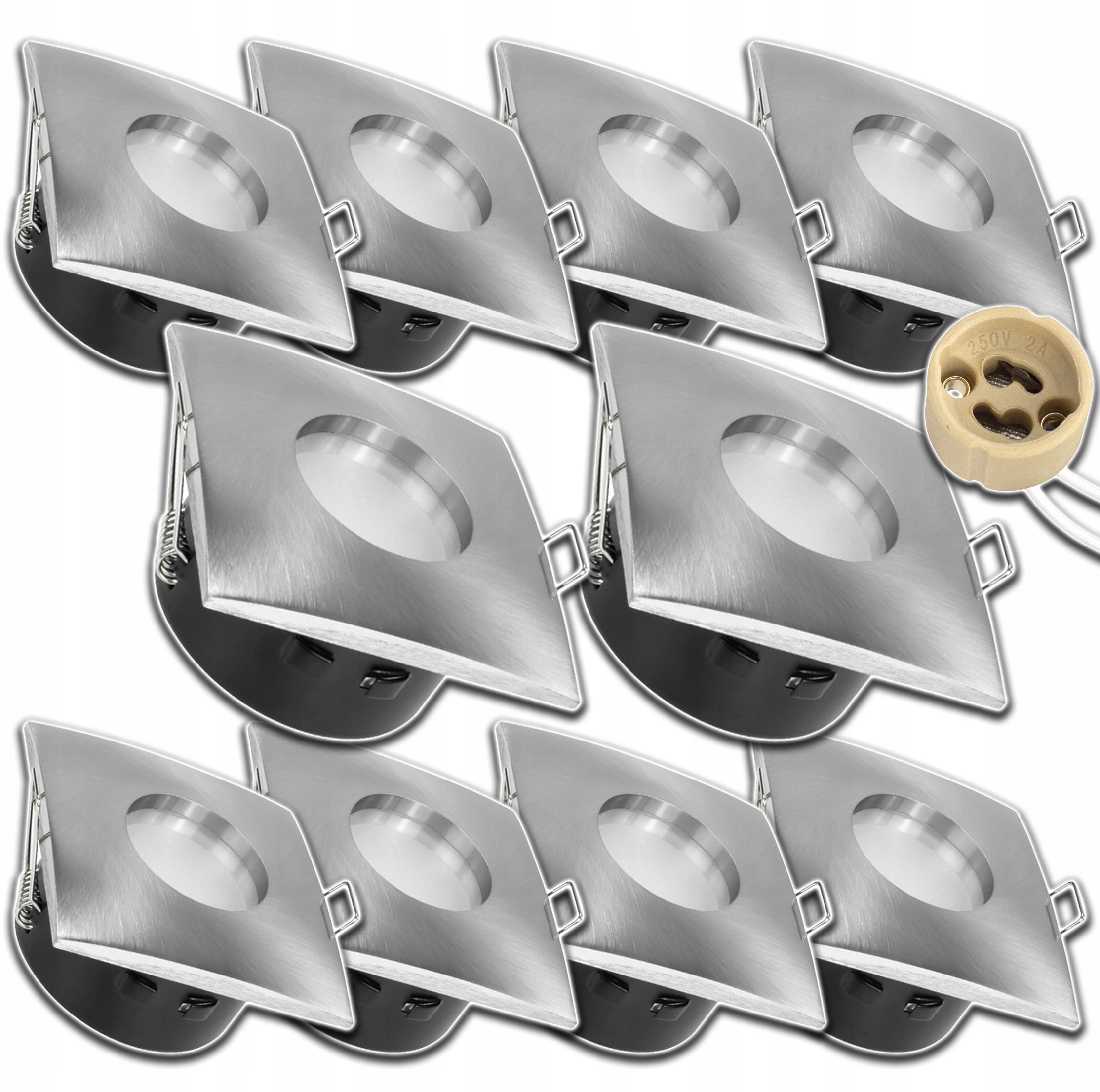 10x Stříbrná Objímka Čtverec Hermetická Voděodolná Stropní Halogenová Zásuvka