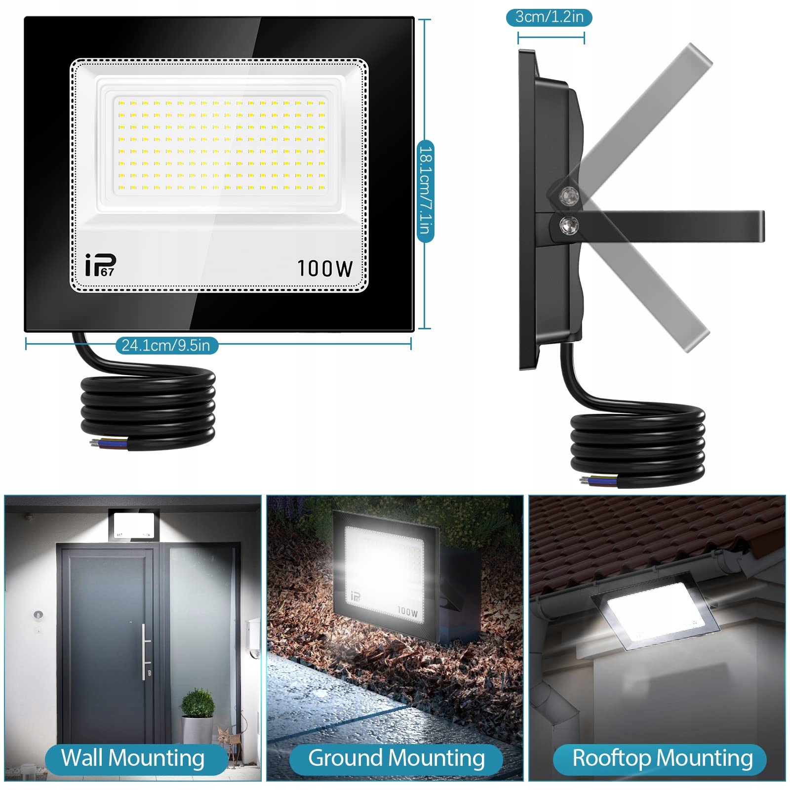 LED NAŚWIETLACZ ZEWNĘTRZNY 100W IP67 SUPERJASNY 10000LM 7000K DO OGRODU — miniatura 3