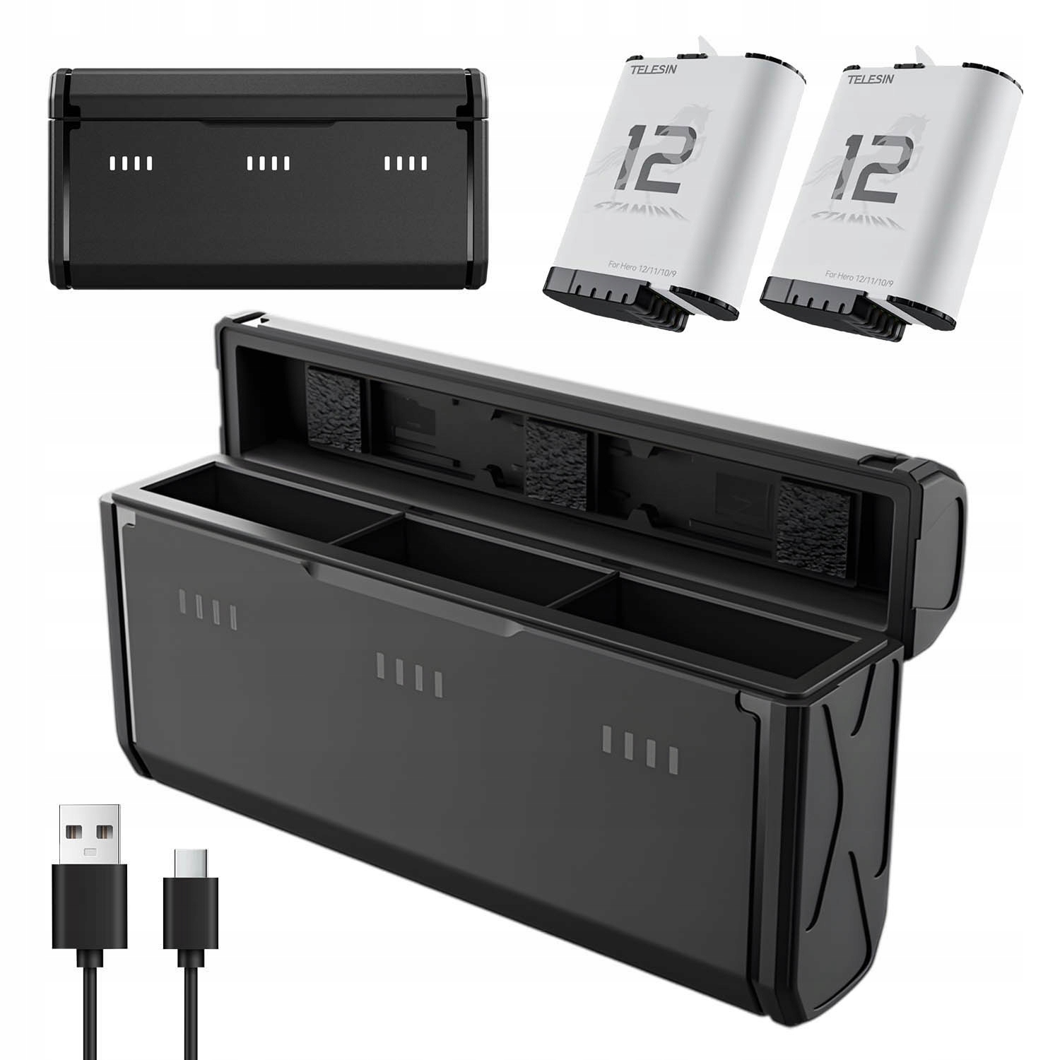 Telesin Sada 2 akumulátorů pro Gopro Hero 12 11 10 9 3-kanálová nabíječka