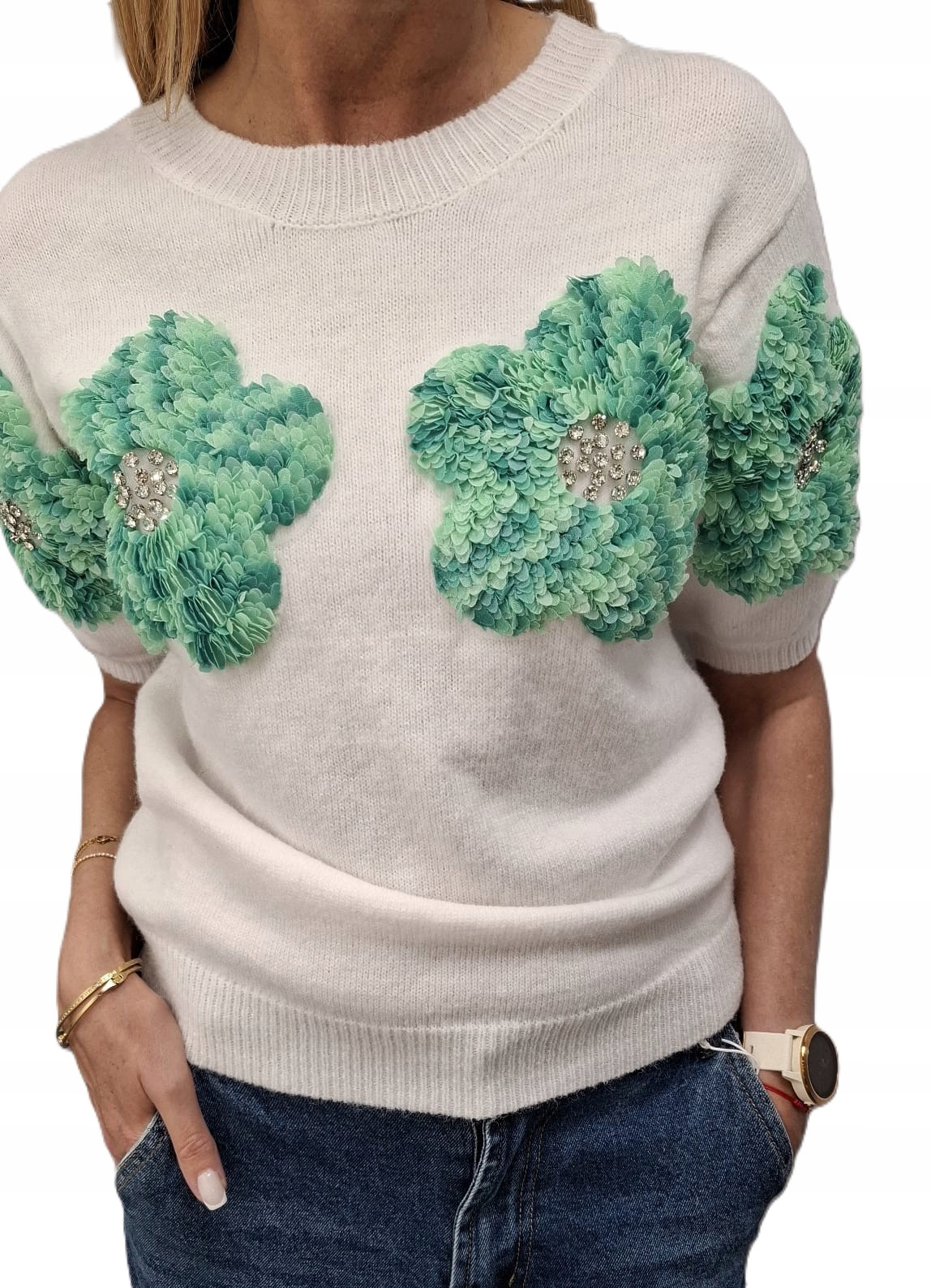Svetr Bluza Bílá Zelené Květy Novinka