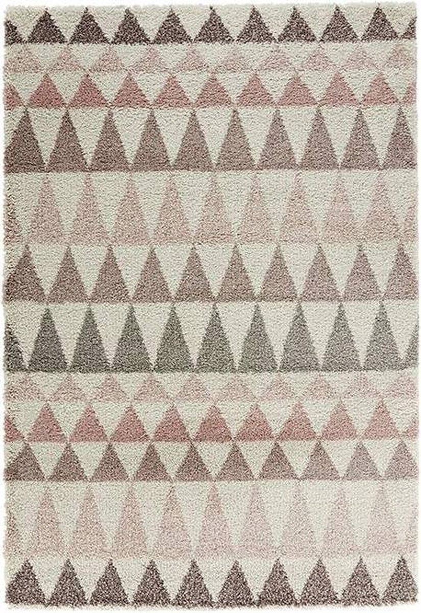 Koberec Shaggy 200x290 cm do obývacího pokoje, krémově růžový vzor boho s trojúhelníky
