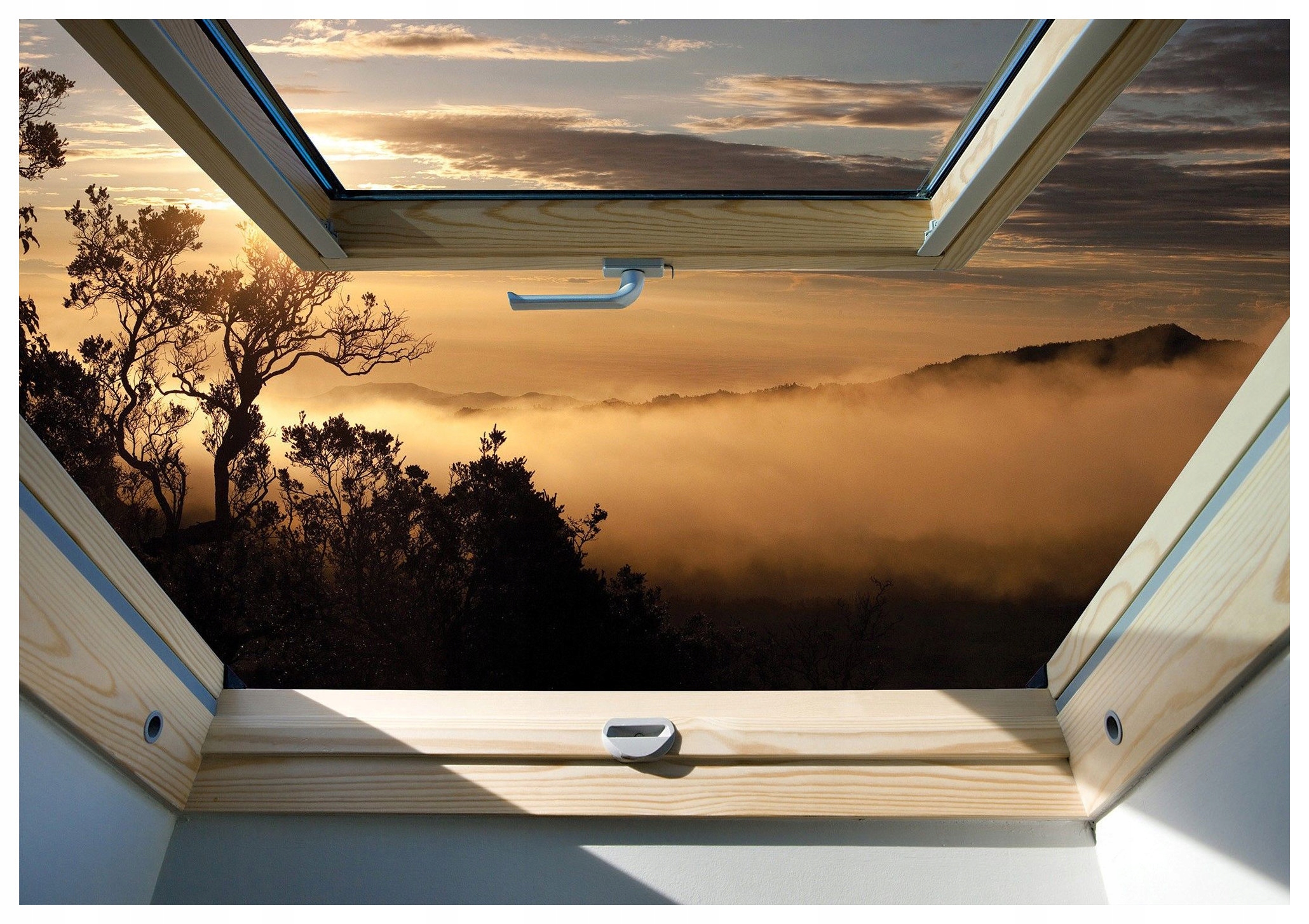 Vliesová fototapeta Hory v mlze s oknem, teplé barvy 416x290 lepidlo