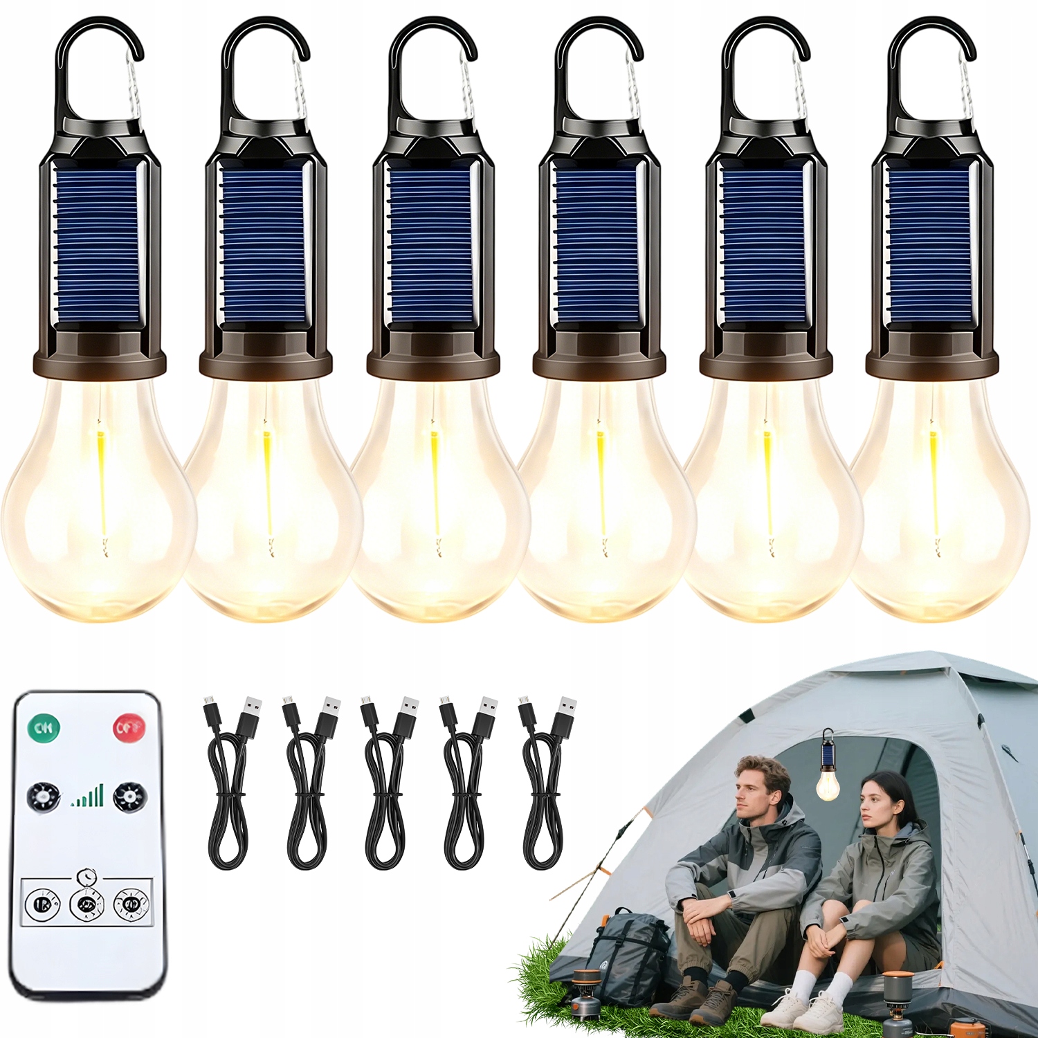 Lampa Turystyczna Żarówka Solarna Kempingowa Ściemniana IPX4 Z Hakiem 5SZT