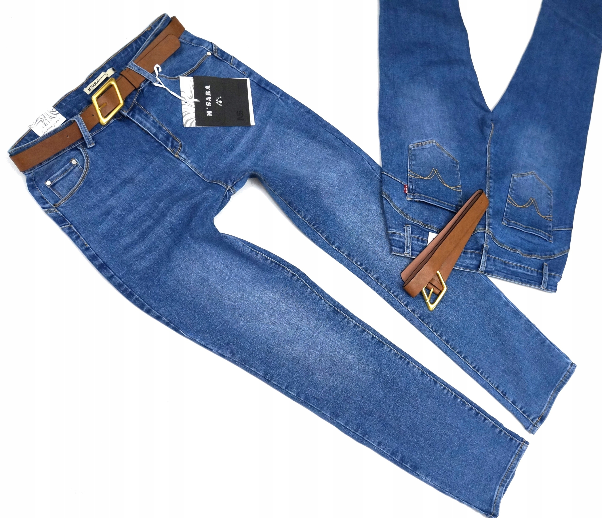 M.sara Damskie Jeansy Push Up Długie Proste Nogawki Pasek