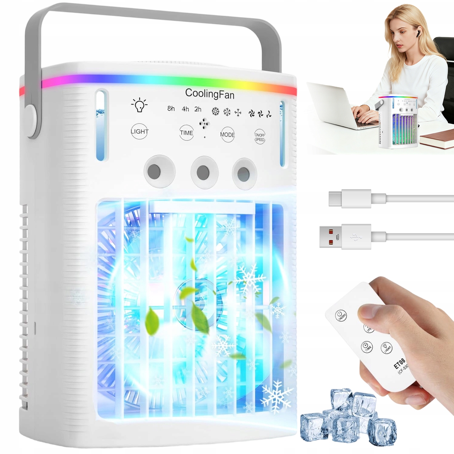 Mini Přenosný Klimatizátor 1000 ML Usb Ventilátor Zvlhčovač Dálkové Ovládání Led