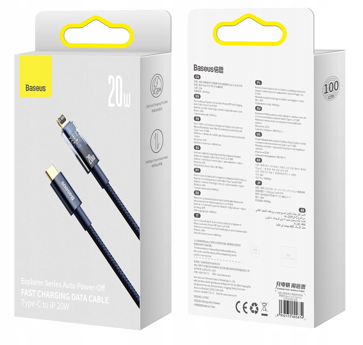 BASEUS SZYBKI PRZEWÓD KABEL USB-C LIGHTNING DO IPHONE PD 20W 1M AUTO OFF Długość przewodu 1 m