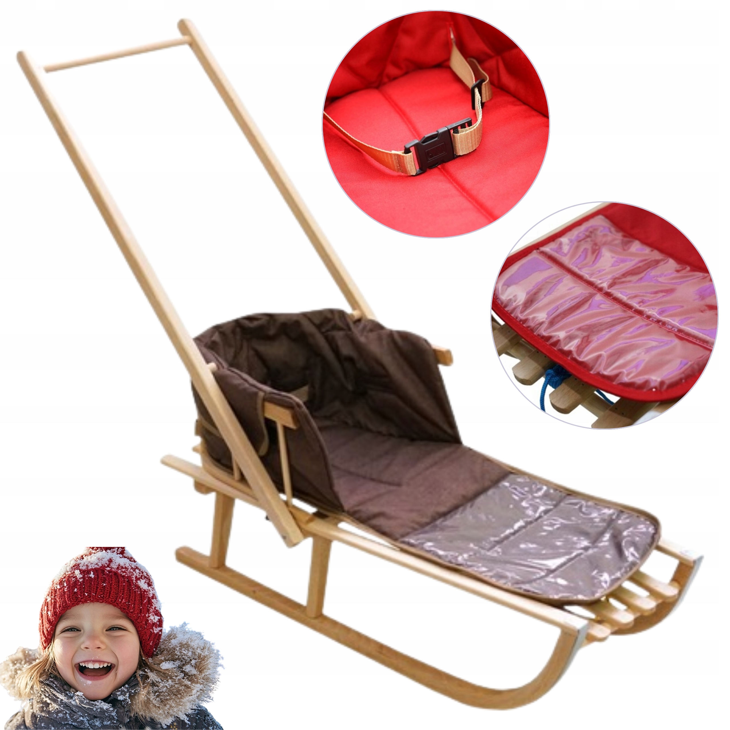 Sanki drewniane z oparciem i pchaczem dla dziecka Polskie Classic