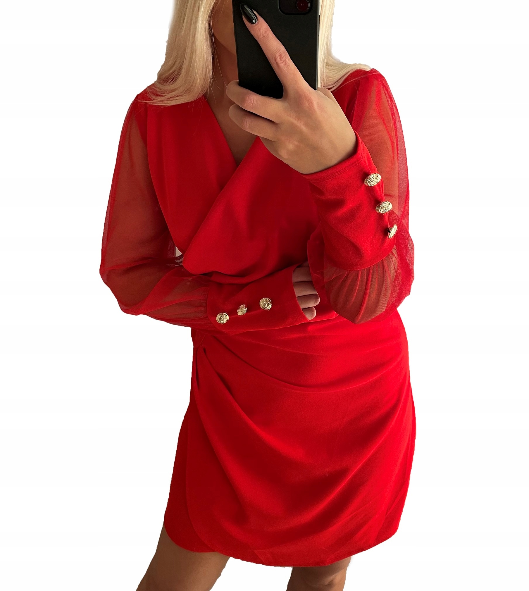 V404 Šaty Obálkové S Tylovým Rukávem Červené vel. 46 (3XL)
