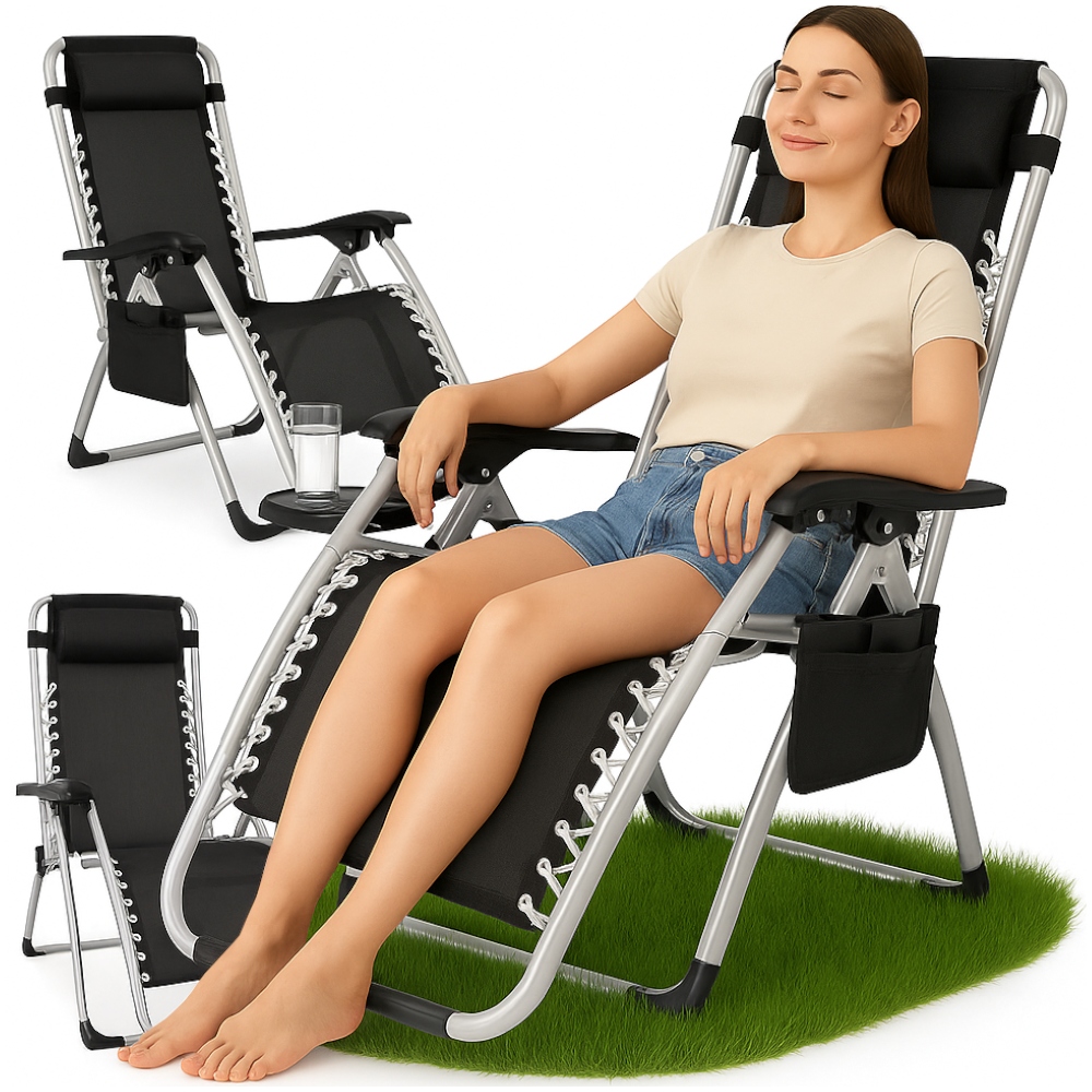 Leżak Ogrodowy Fotel Plażowy Krzesło Składany Turystyczny Z Półką