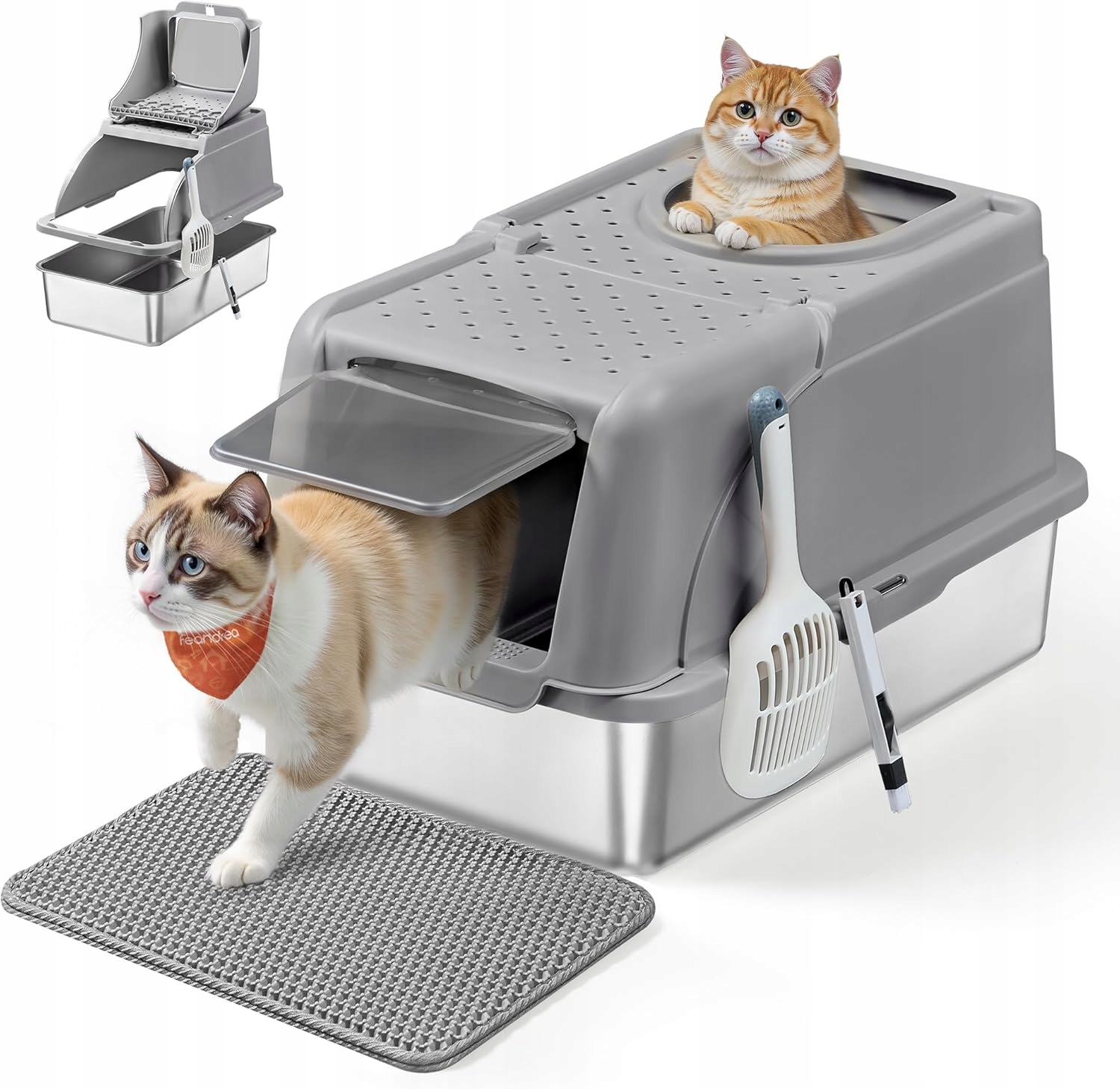 Levně Feandrea Zakrytá Kočičí Toaleta Nerezová Ocel Velká 2 vstupy Čištění Vzduchotěsná