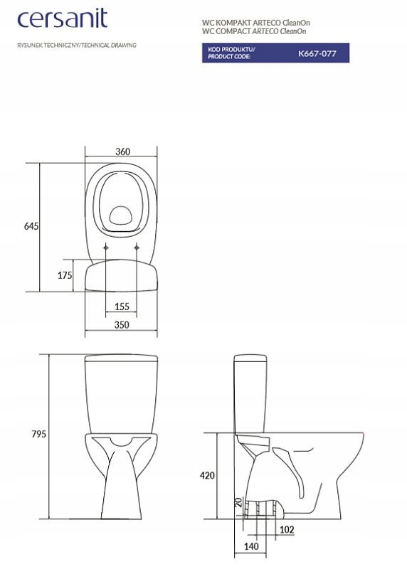 Kompakt wc z deską Arteco Clean On Cersanit Linia Arteco