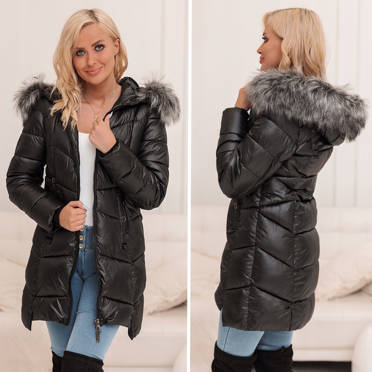 DŁUGA KURTKA ZIMOWA CIEPŁA Z KAPTUREM XXL Marka Soprato