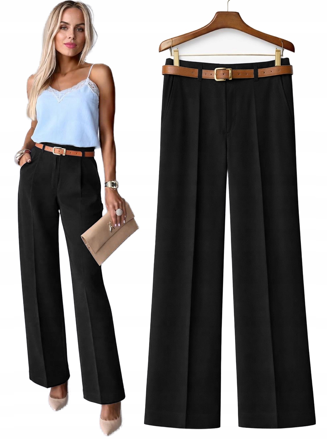 Spodnie damskie Szwedy szerokie nogawki kant pasek S Milano