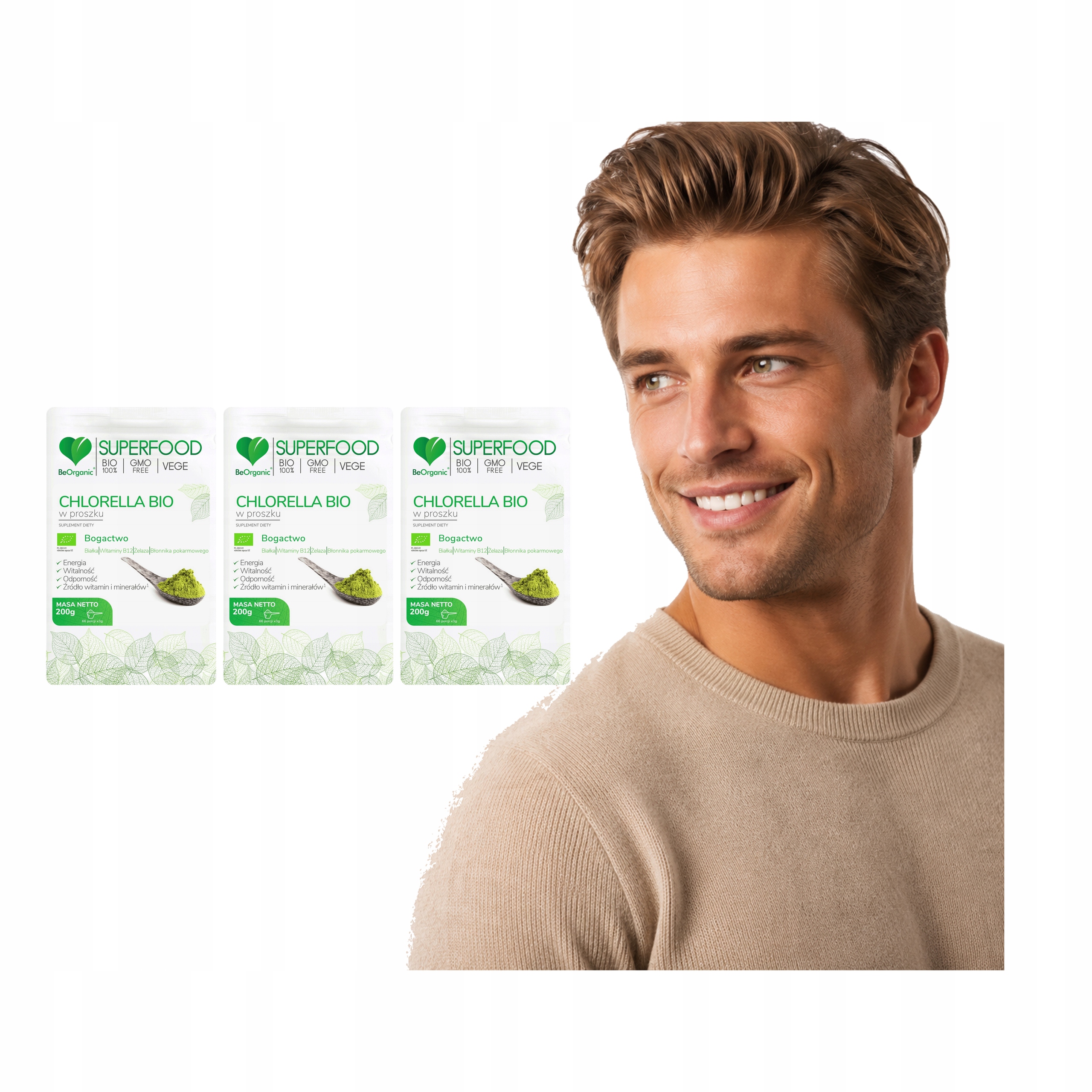 3x Chlorella Proszek Beorganic Bio 200 g 100% Mikroalga 66 Porcji Do Wody