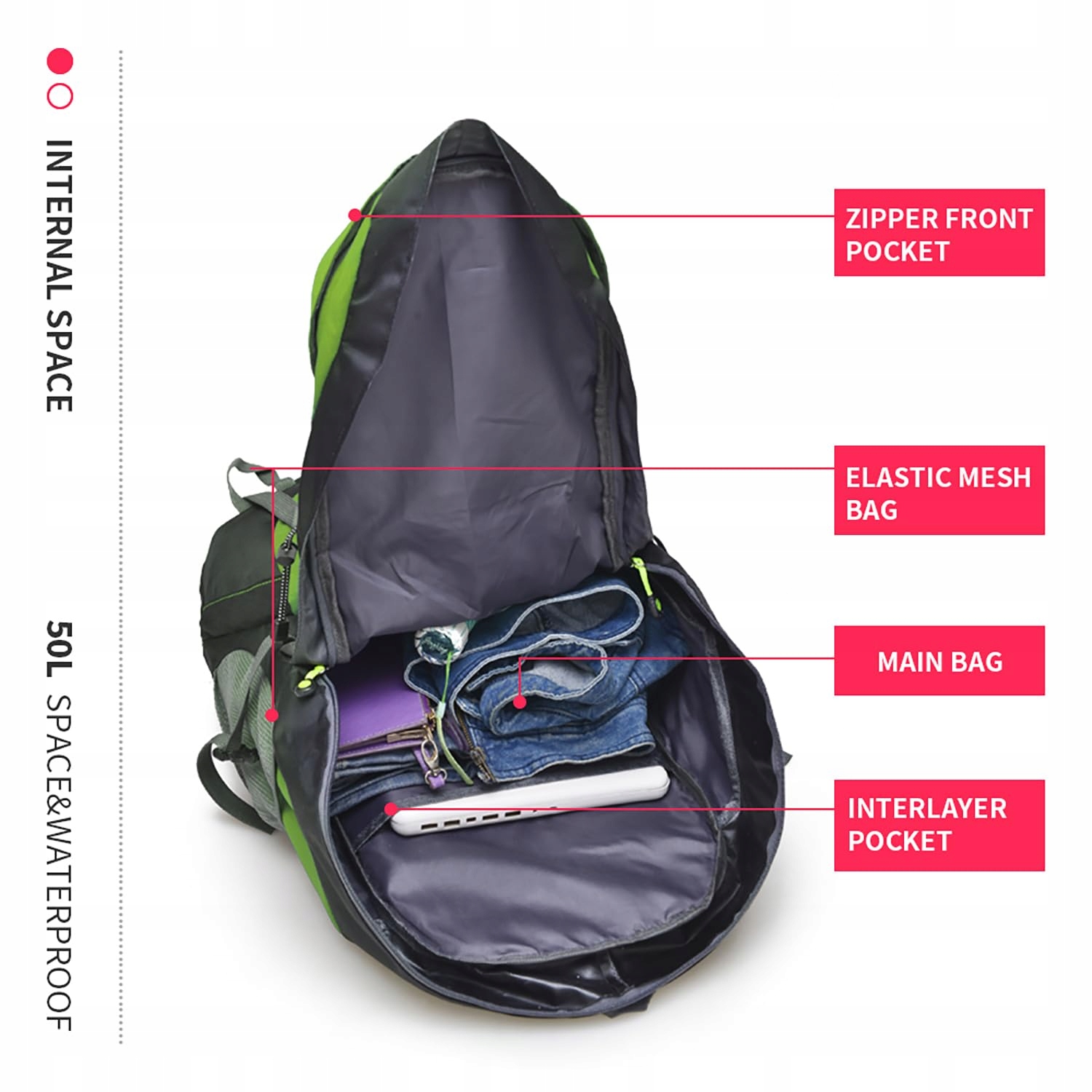 BSEASH 50L Lekki Wodoodporny Plecak Turystyczny Outdoor Zielony — miniatura 3