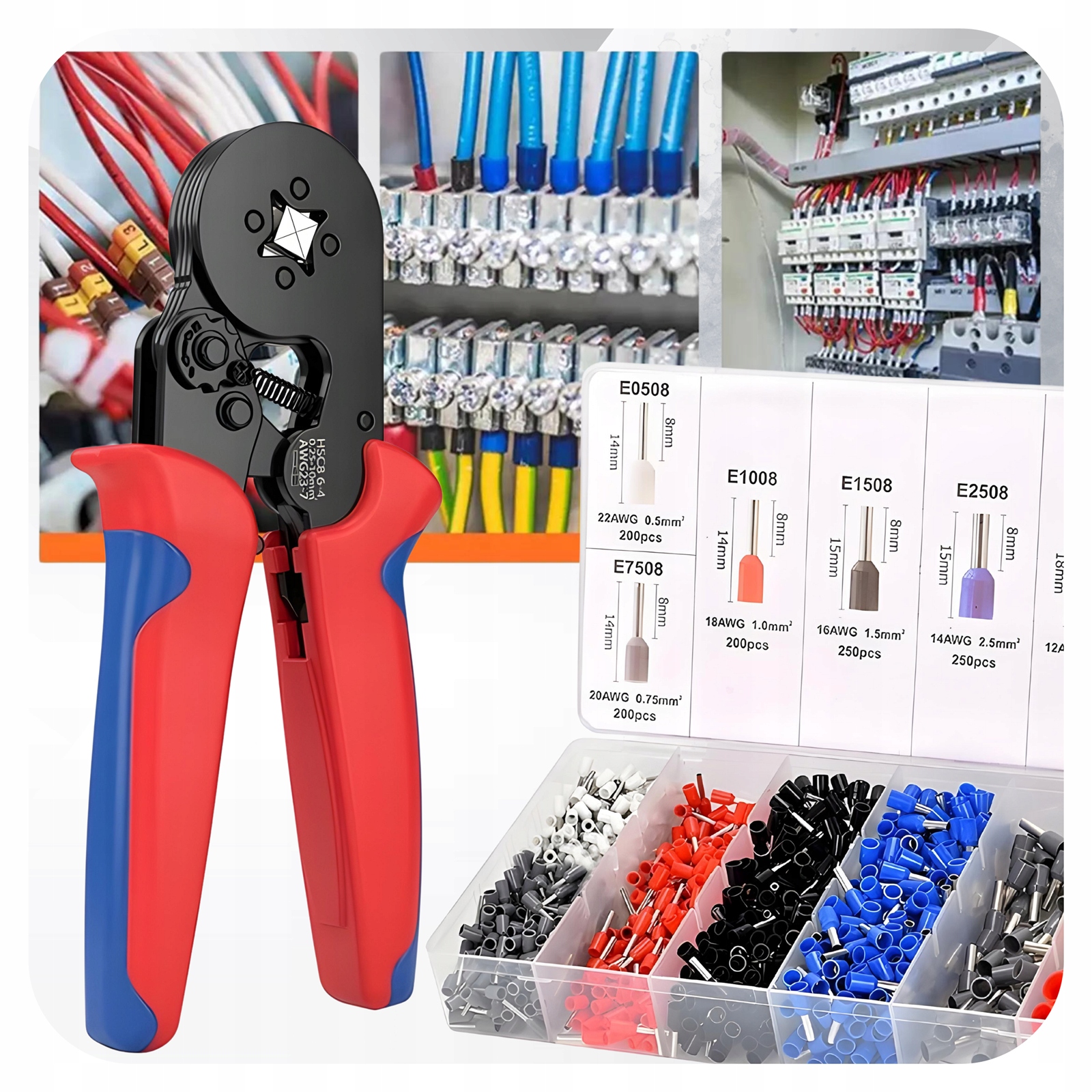 Zaciskarka Praska Do Tulejek Kabli Czterokątna Zestaw od E0508 do E10-12 Marka Asato