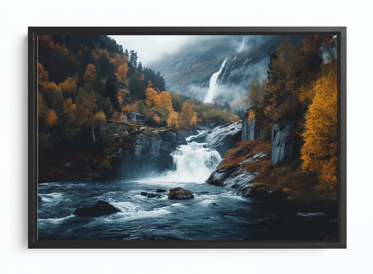 Obraz Rám Americký Box Krajina Podzim Les Hory Skály Vodopád Řeka 60x40