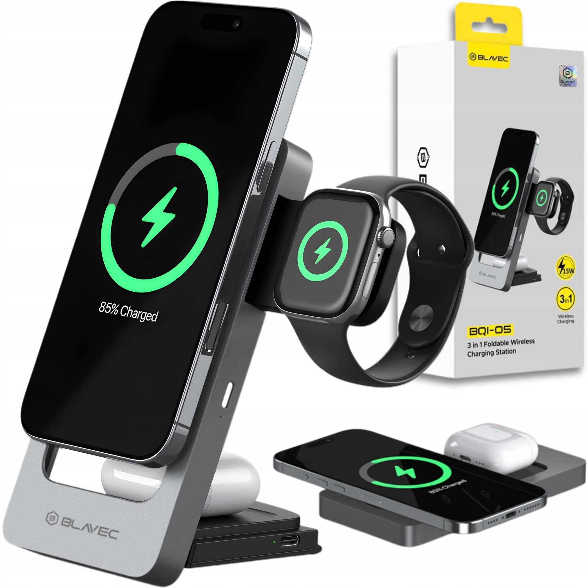 Ładowarka Indukcyjna 3w1 Magsafe Składana do Telefonu Apple Watch 15W Usb-c