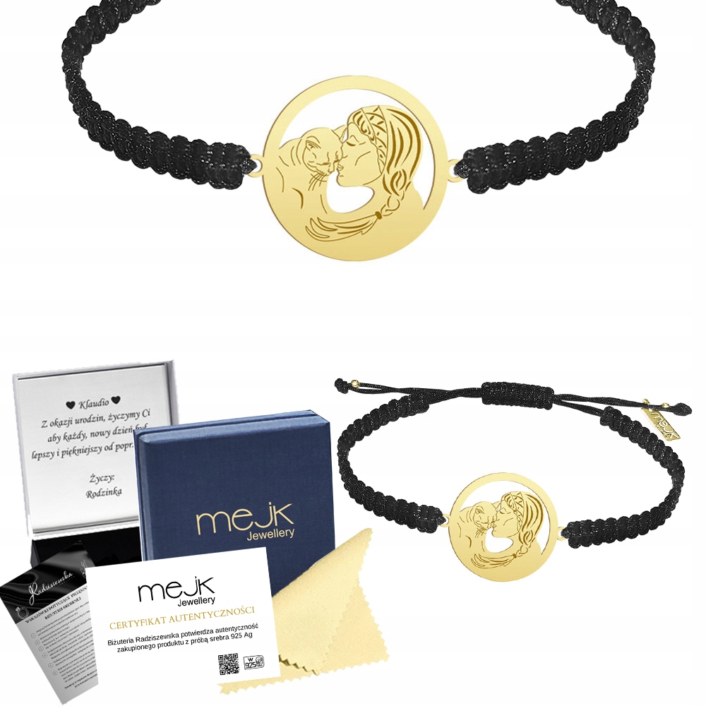 Zlatý náramek Žena a kočka 925 Makramé Šperky Dárek Gravírování Bonus