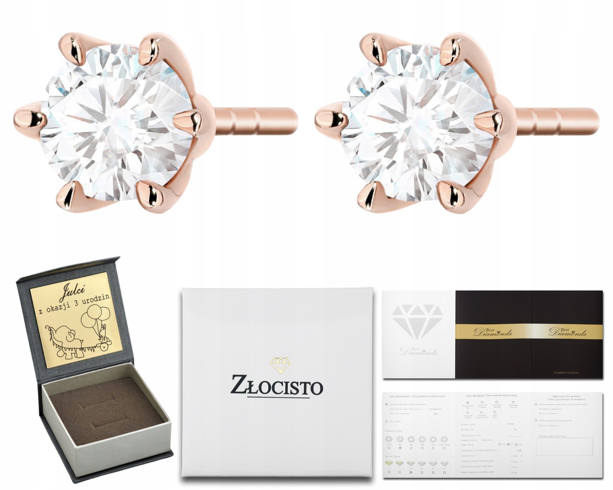 Náušnice S Diamanty Zlato 585 Růžové Gravírování Dárkové Dárek