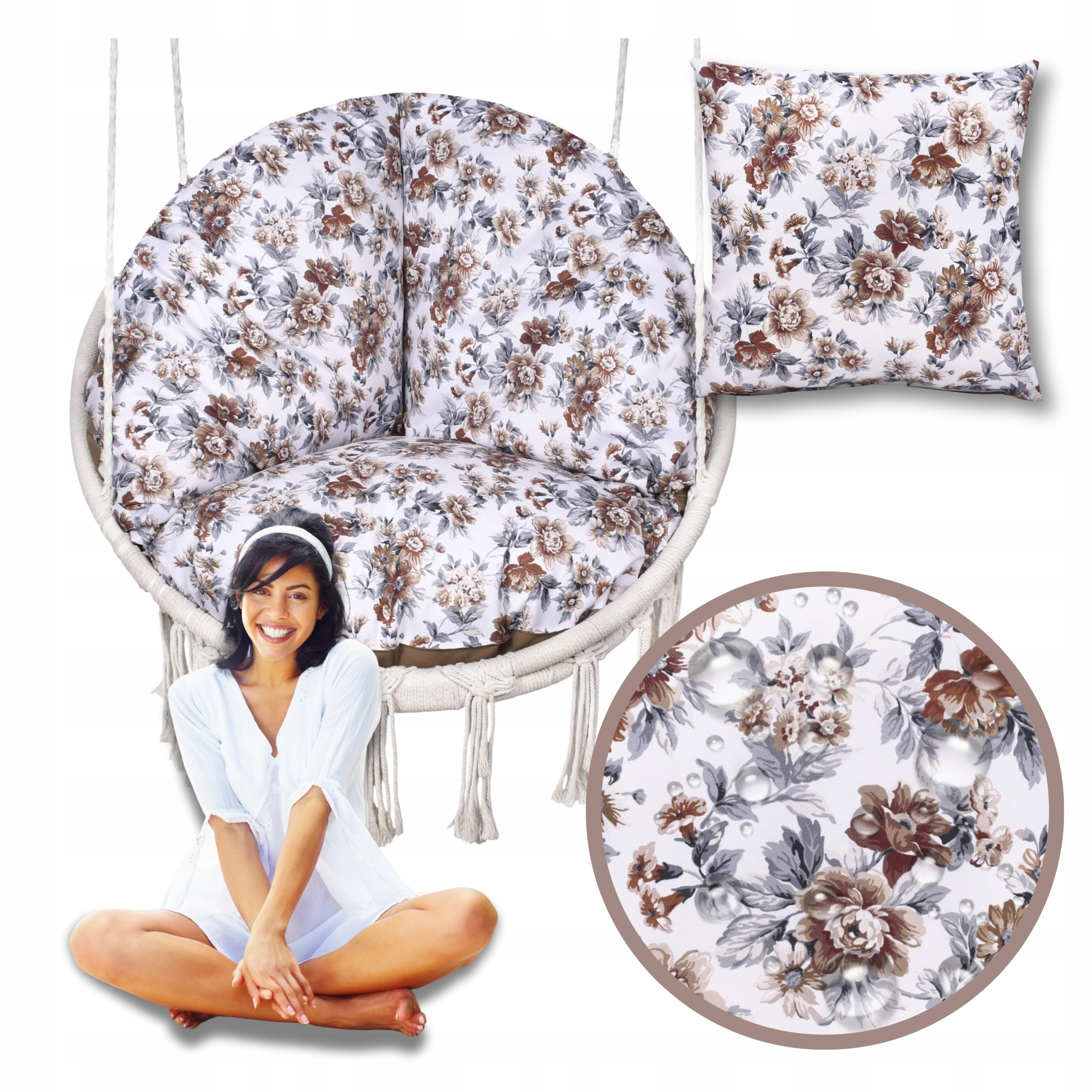 Wodoodporna poduszka ogrodowa okrągła na huśtawkę, fotel, bocianie gniazdo