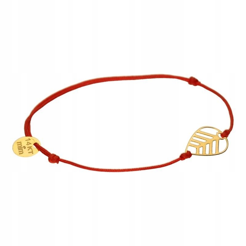 Zlatý provázkový náramek 585, celebrita, červená šňůrka, lístek 14 Kt