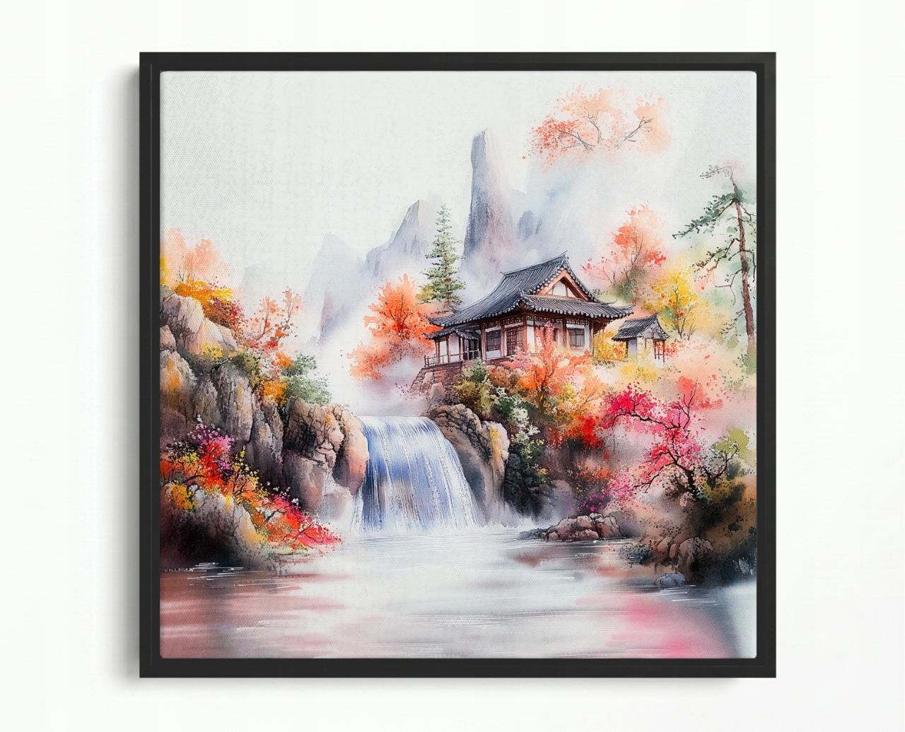 Obraz Rám Americký Box Krajina Orient Asie Japonsko Hory Vodopád Dům 50x50