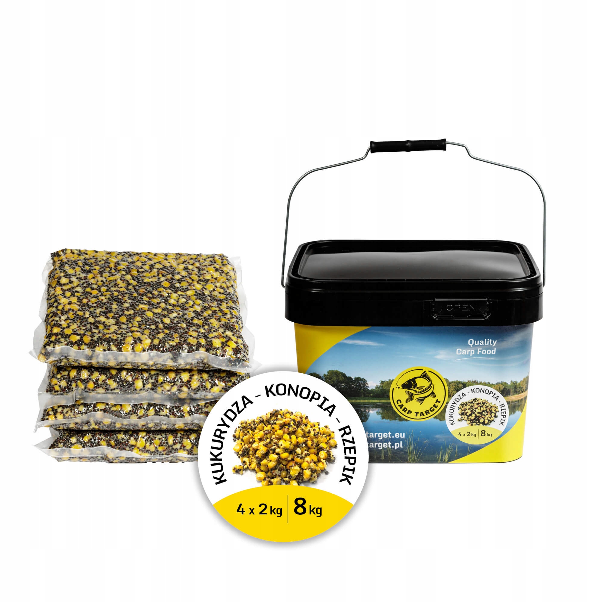 Kukuřice Konopí Řepík Mix zrn Návnada 8 kg (4x2 kg) Kbelík 10 l