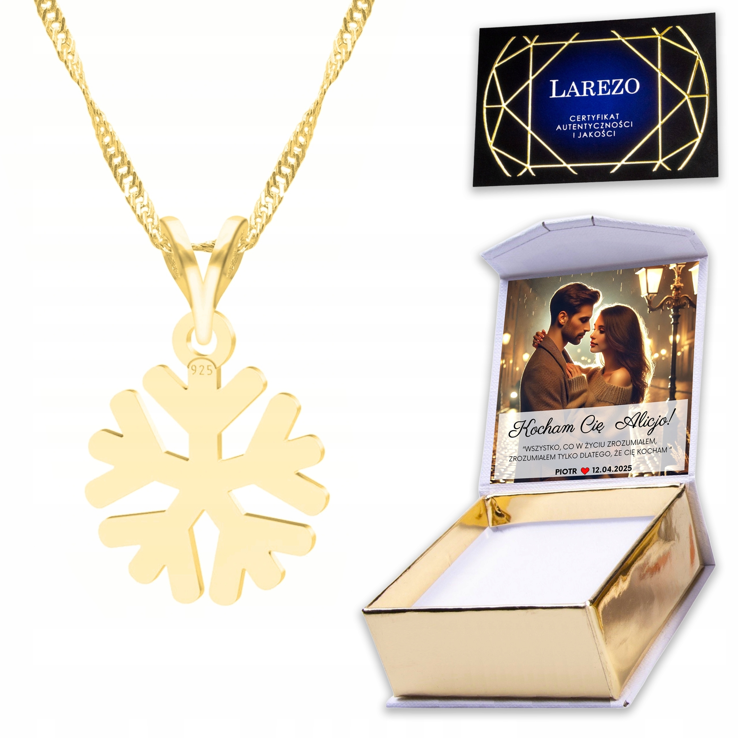 Zlatý náhrdelník 925 s sněhovou vločkou Sněhurka Zima Sněhová vločka Potisk