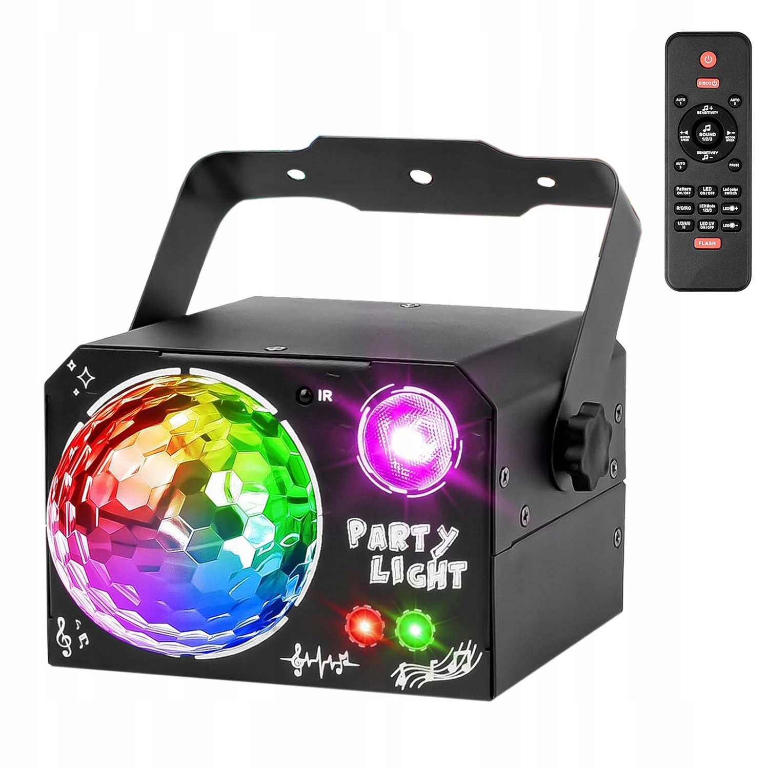 EFEKT ŚWIETLNY LED OŚWIETLENIE DISCO NA IMPREZĘ LASER KULA RGB + UV 4W1
