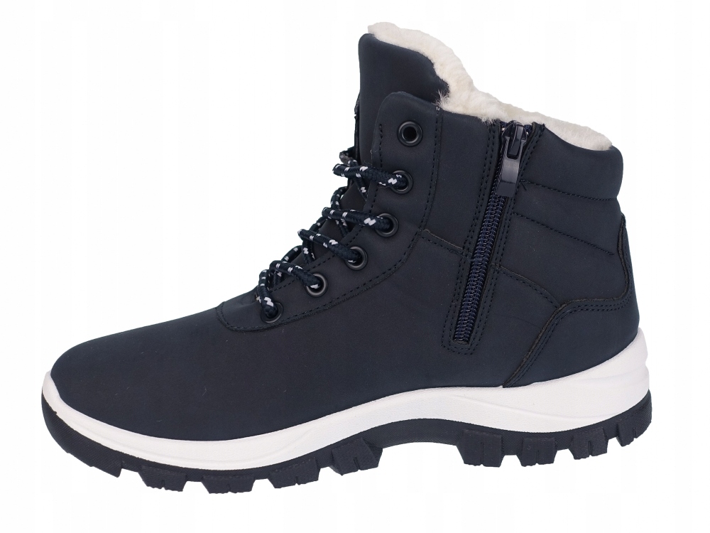 DAMSKIE BUTY ZIMOWE DZIEWCZĘCE OCIEPLANE KOŻUCHEM Z ZAMKIEM Odcień granatowy