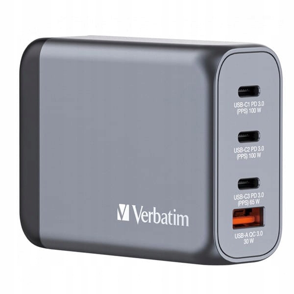 Verbatim, Nabíječka GaN Usb 3.0, Usb C, šedá, 100 W, vyměnitelné koncovky