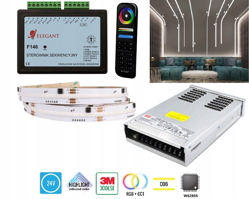 20m Oświetlenie korytarzowe Zestaw cyfrowy Led F146 Cob WS2805 Rgb+cct 24V