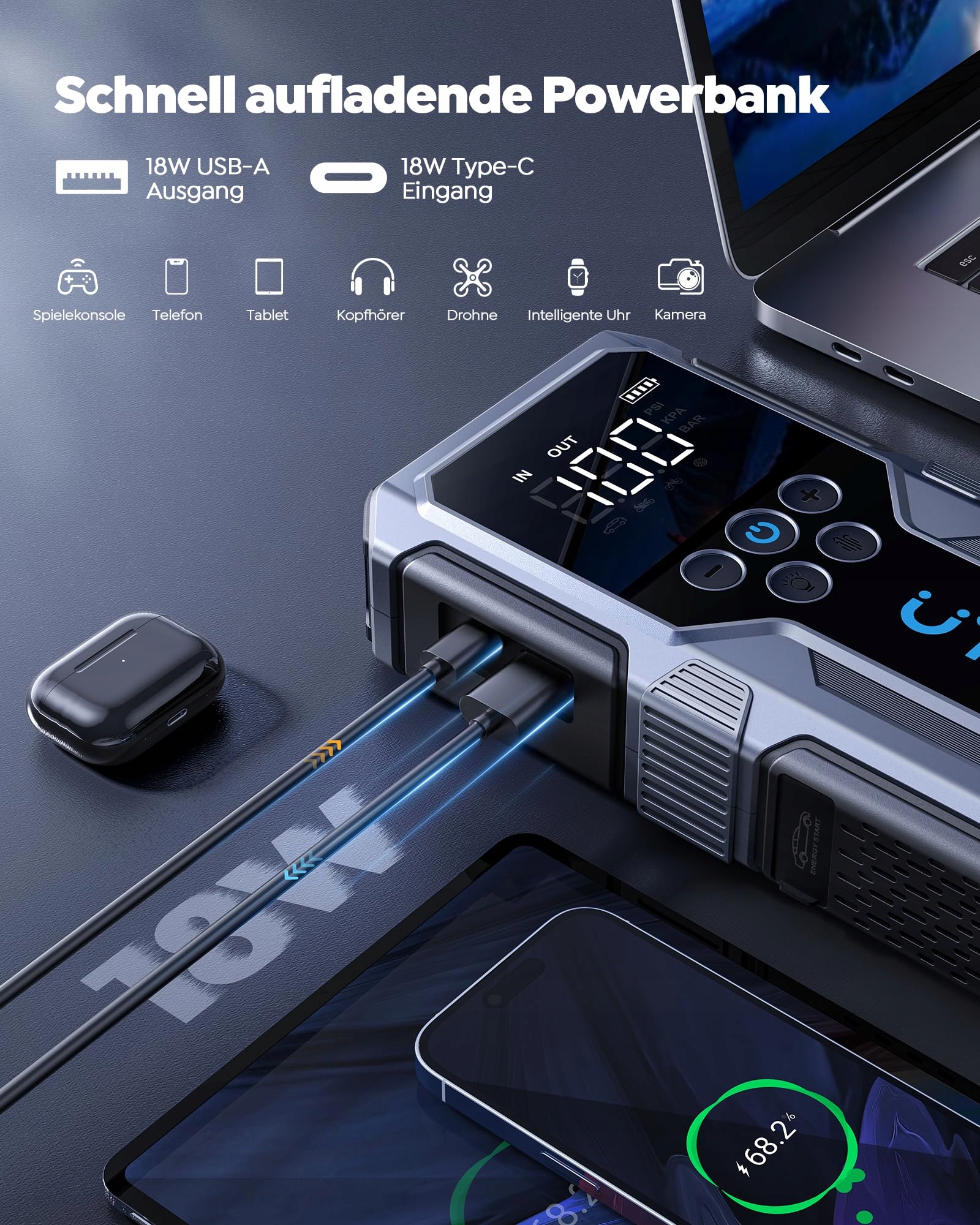 UTRAI Powerbank 4500A Kompresor 150PSI Latarka 18W Szybkie Ładowanie — miniatura 4