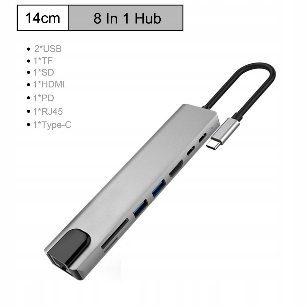 HUB Adapter USB-C 8w1 – Aluminium HDMI , USB, RJ45, USB-C, Stacja dokująca Producent Mobes